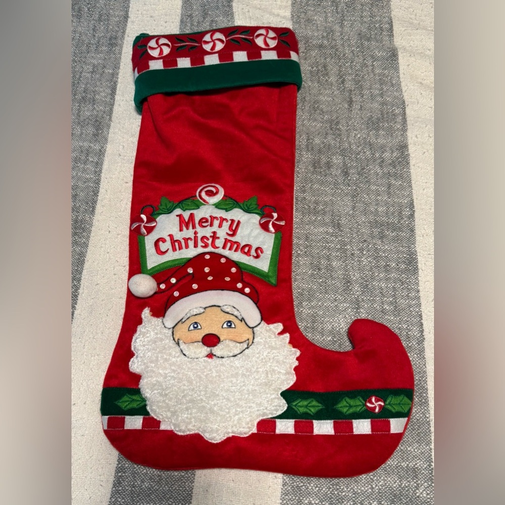 Vtg Red Velvet 3-D Merry Christmas Santa Stocking Sequins Felt Puff Ball on Hat